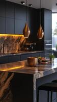 Modern kitchen with sleek design and warm lighting. photo