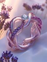 Diamond and multicolored gemstone ring sparkling on reflective surface photo