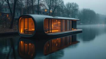 Futuristic oval house floating on water with lights illuminating windows at dusk photo