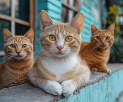 Three ginger cats posing on a blue ledge photo