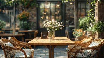 Empty table awaiting customers at outdoor cafe photo