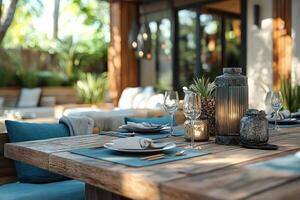 Rustic outdoor dining setup with ocean view photo