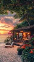 Cozy glass house by the beach with lush greenery around. photo