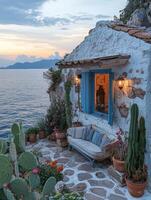 Charming sunset view from a cozy Greek island home photo