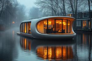 Modern houseboat floating on water with lights illuminating windows at night photo