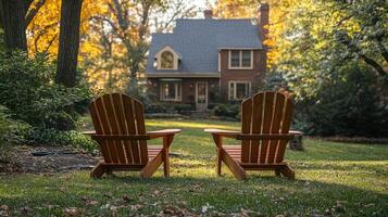 Two wooden chairs facing a beautiful house in autumn. photo