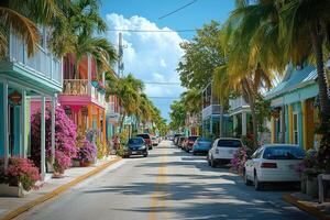 Charming beach alley with colorful shops and palm trees. photo