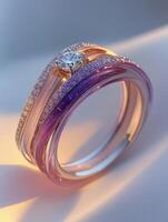 Diamond and multicolored gemstone ring sparkling on reflective surface photo