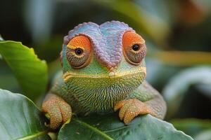 Colorful chameleon resting on a green leaf in nature. photo