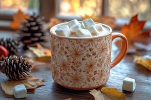 Steaming cup of hot chocolate with marshmallows on an autumn day photo