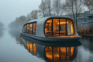 Modern houseboat floating on water with lights illuminating windows at night photo