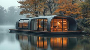 Futuristic oval house floating on water with lights illuminating windows at dusk photo