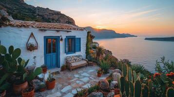 Charming sunset view from a cozy Greek island home photo