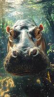 Hippopotamus swimming in water with sunbeams photo