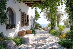 Serene courtyard with lush greenery and rustic architecture photo
