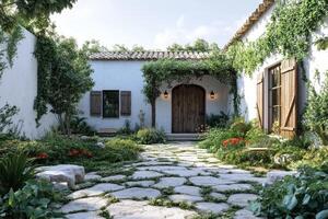 Serene courtyard with lush greenery and rustic architecture photo