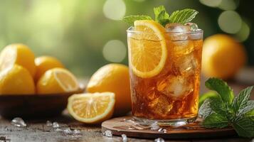 Refreshing iced tea with lemon and mint on rustic wooden table photo