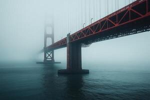 Golden gate bridge disappearing into fog over water photo