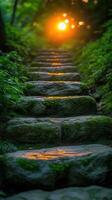 Stone steps leading to sunset light through forest trees photo
