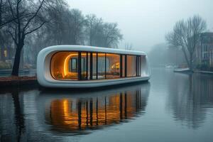 Modern houseboat floating on water with lights illuminating windows at night photo