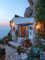 Charming sunset view from a cozy Greek island home photo