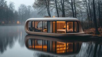 Futuristic oval house floating on water with lights illuminating windows at dusk photo