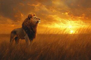 Majestic lion standing in tall grass at sunset photo