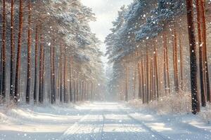 Snow falling on a path through the forest in winter photo