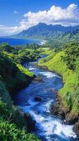 River flowing to the ocean with mountains in the background photo
