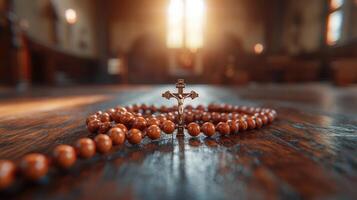 Wooden rosary beads with silver crucifix resting on tabletop photo