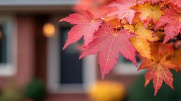 Red maple leaves changing color in autumn with house in background photo