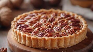 Delicious pecan pie resting on wooden plate photo