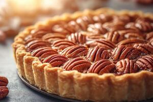 Delicious pecan pie resting on wooden plate photo