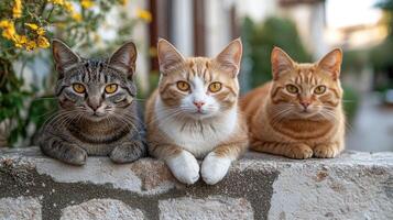 Three cats relaxing on stone wall in summer photo