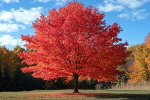 Bright red maple tree standing in a field in autumn photo