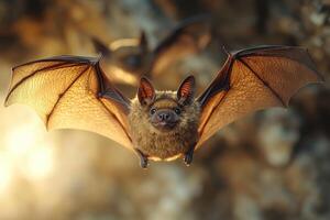 Brown bat showing large wings while sitting on a rock photo