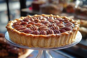 Delicious pecan pie resting on wooden plate photo