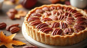 Delicious pecan pie resting on wooden plate photo