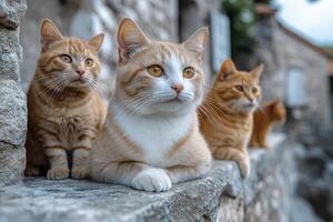 Ginger cats posing on a blue ledge photo