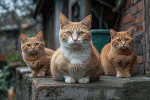 Three ginger cats posing on a blue ledge photo