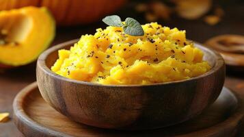 Steaming bowl of pumpkin puree garnished with thyme on rustic wooden table photo