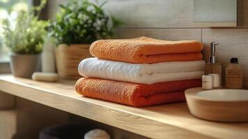 Stack of clean white and orange towels sitting on a wooden shelf photo