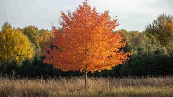 Bright red maple tree standing in a field in autumn photo
