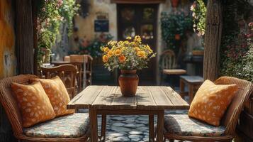 Empty table awaiting customers at quaint outdoor cafe photo