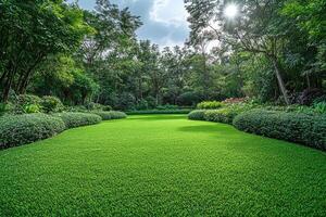 Lush green grass growing in a garden on a sunny day photo