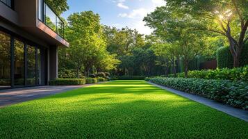 Lush green grass growing in a tranquil garden setting photo