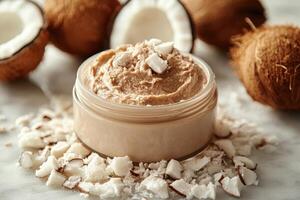 Jar of homemade organic coconut scrub surrounded by freshly shredded coconut photo