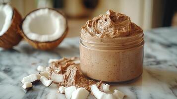 Jar of sugar scrub surrounded by coconut pieces on gray surface photo