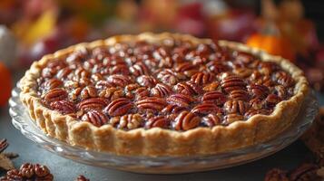 Delicious pecan pie resting on wooden plate photo