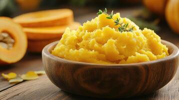 Steaming bowl of pumpkin puree garnished with thyme on rustic wooden table photo